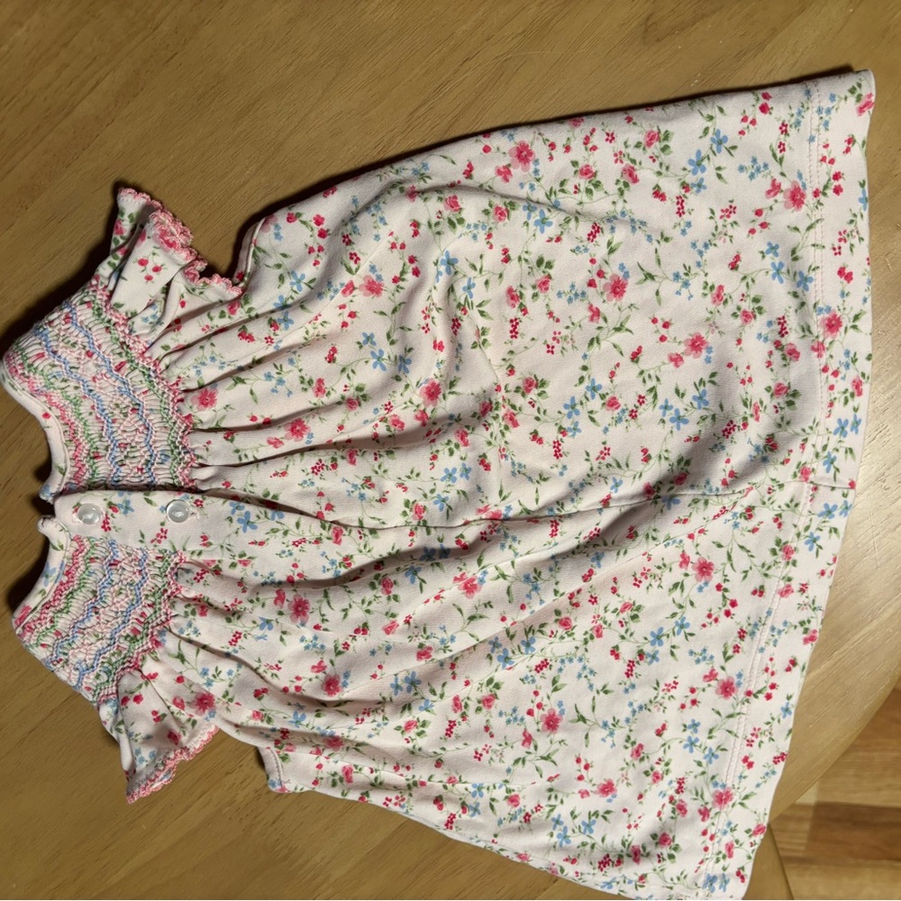 Smocked Floral Dress in Pink, Blue, Green - Picture 2 of 4